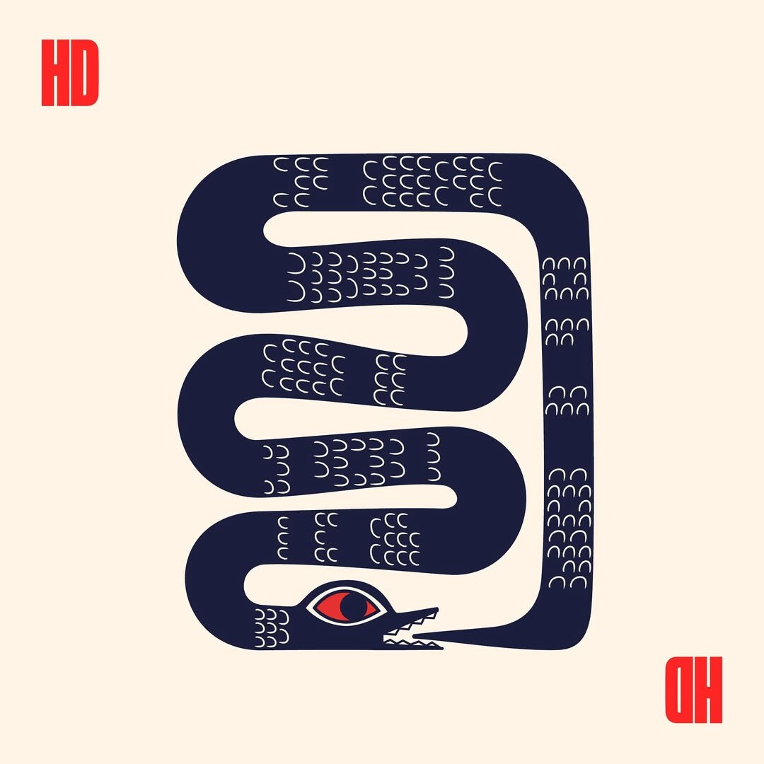 Heart Department illustration — a navy serpentine snake coiled into a tight S-shape across a cream field, with HD logos in opposing corners.
