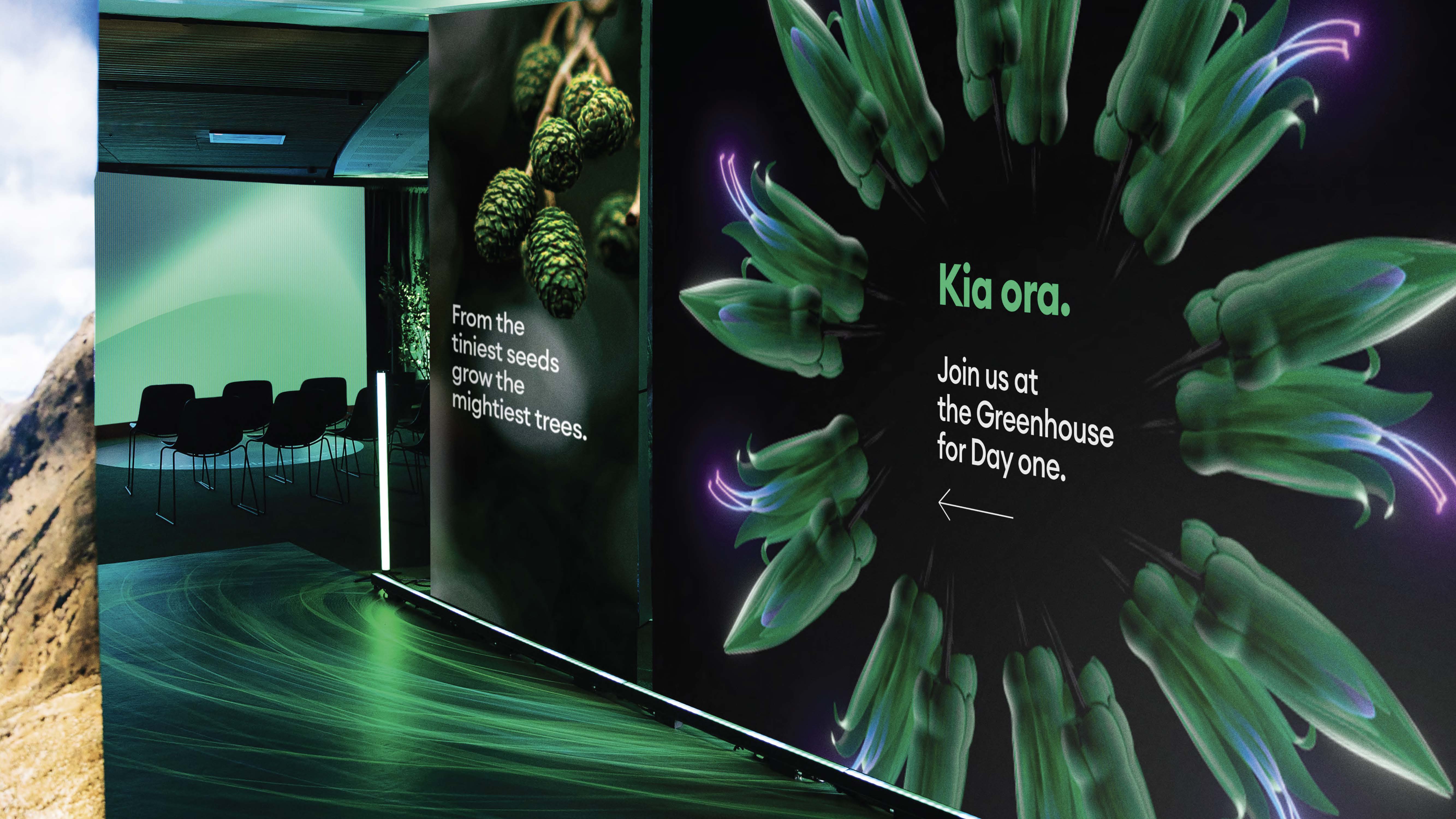 One NZ launch-day environment: 'Kia ora. Join us at the Greenhouse for Day one' branded space with kowhai-flower 3D imagery.