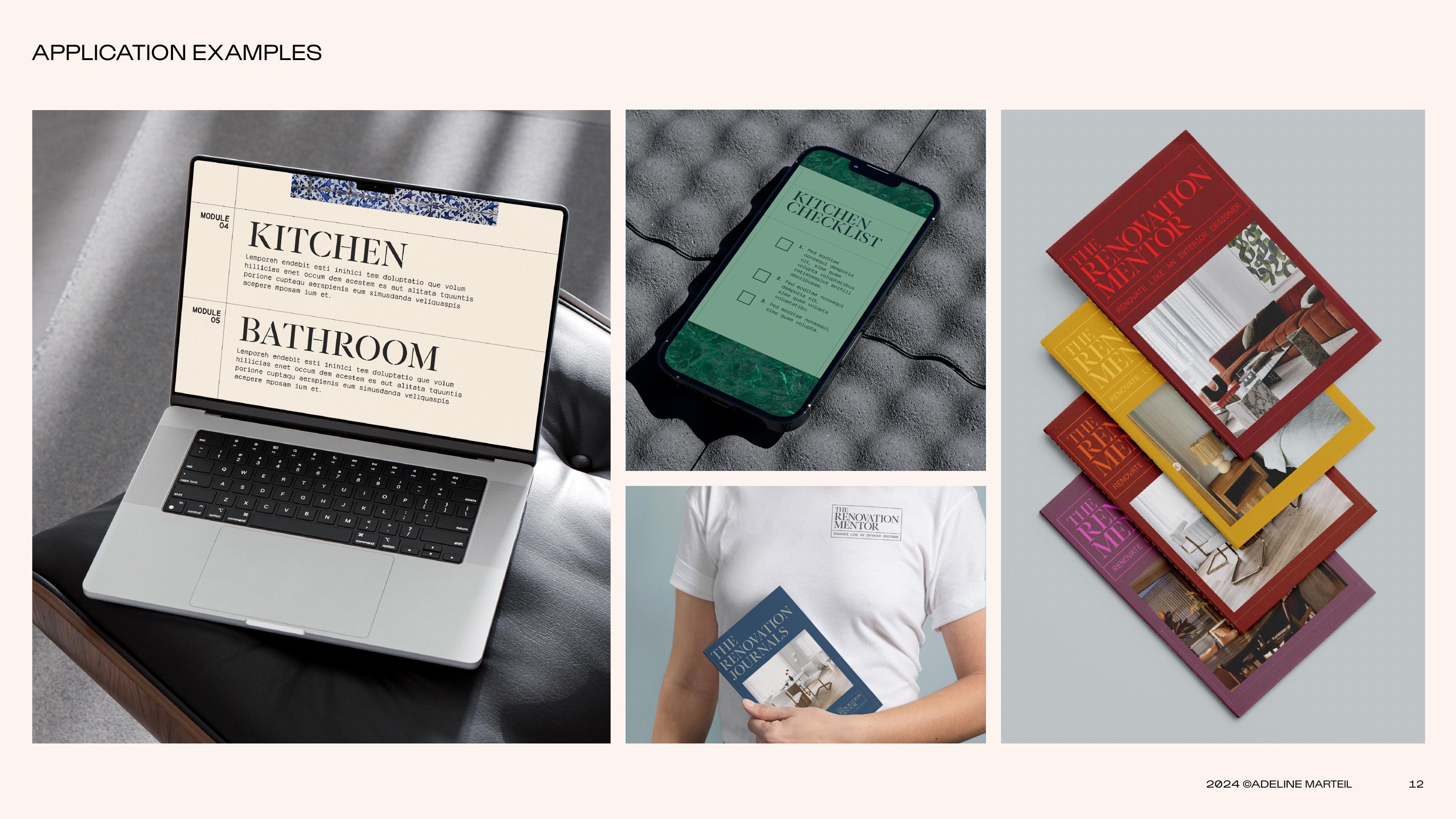 The Renovation Mentor applications — laptop showing Kitchen and Bathroom modules, phone with Kitchen Checklist, t-shirt and a fan of stacked module zines.