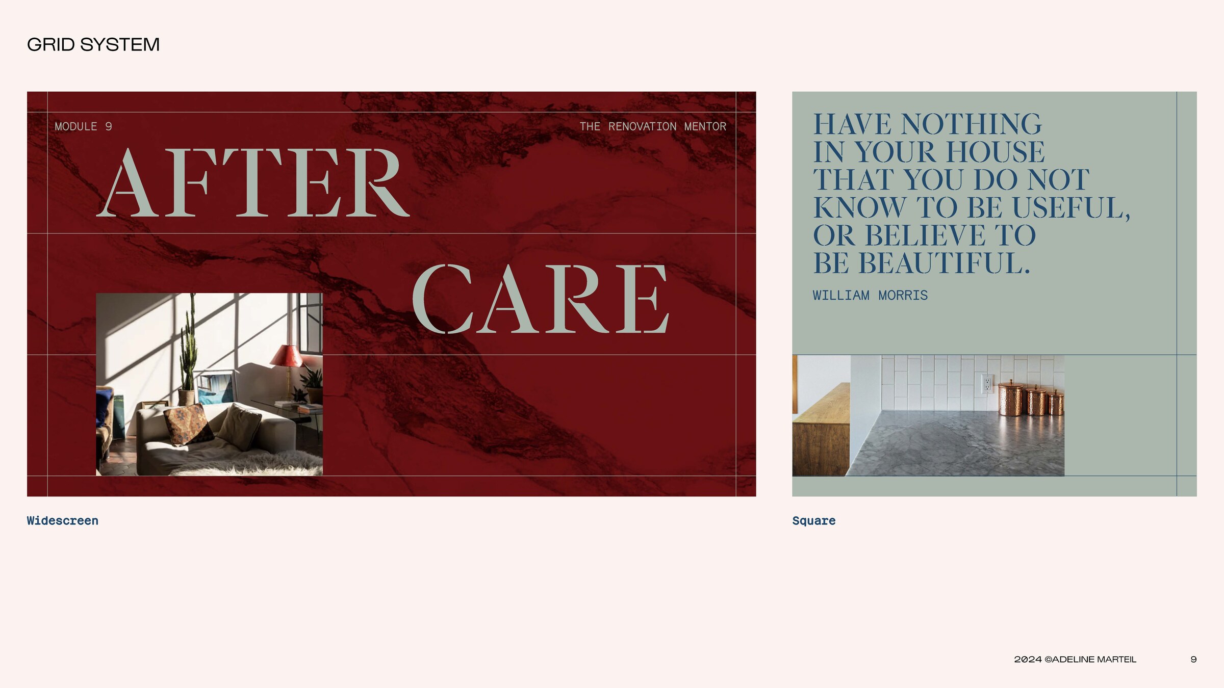The Renovation Mentor 'After Care' module — large serif AFTER CARE on red marble with a domestic interior, paired with William Morris's quote 'Have nothing in your house that you do not know to be useful, or believe to be beautiful.' on sage.
