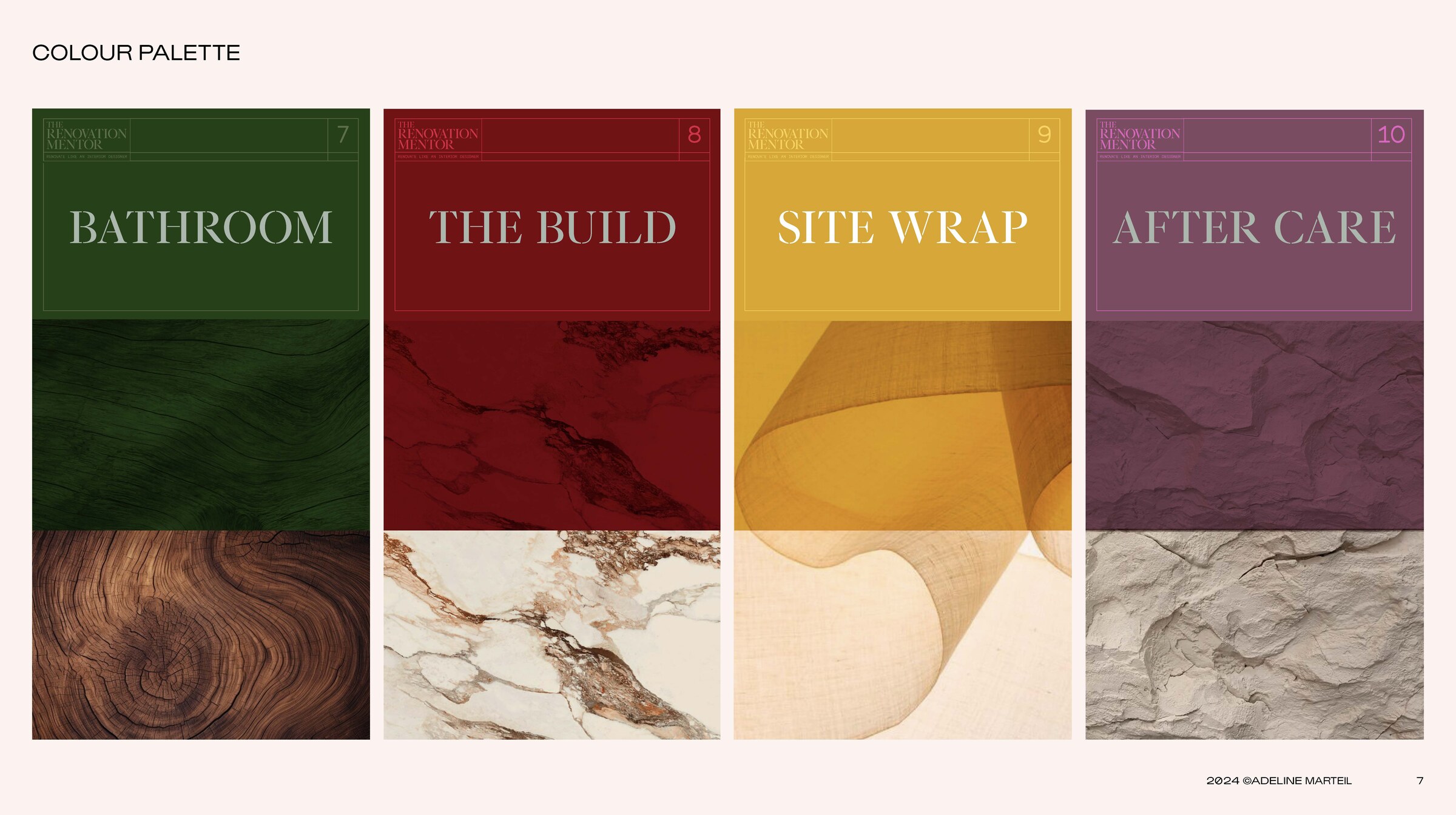 The Renovation Mentor colour palette — four module cards in editorial style: Bathroom (forest green over wood), The Build (red marble), Site Wrap (mustard gold), After Care (purple stone).