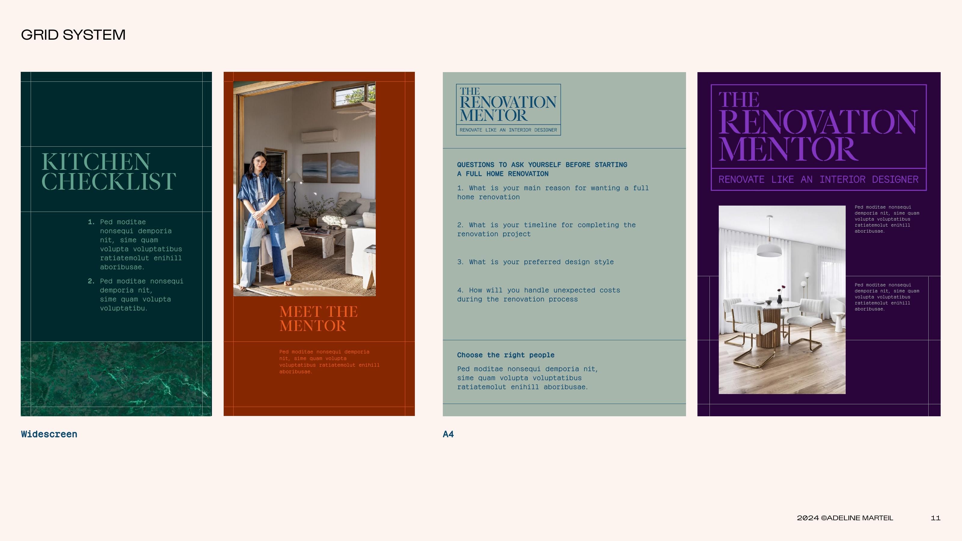 The Renovation Mentor editorial grid system — kitchen checklist on forest-green marble, Meet the Mentor on red brick, Q&A layout on sage, Renovation Mentor card on aubergine.