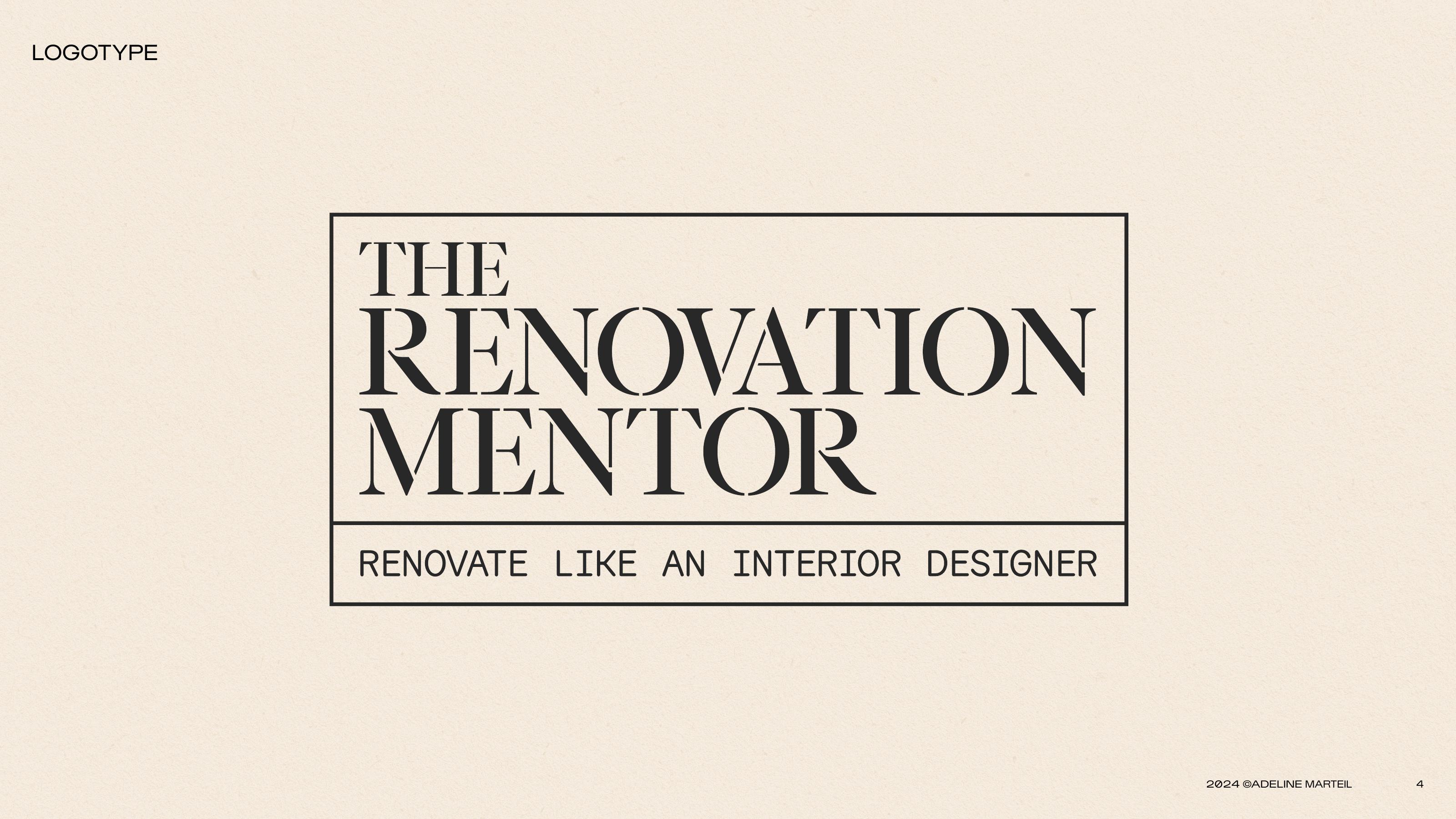 The Renovation Mentor key visual — framed serif logotype 'THE RENOVATION MENTOR / RENOVATE LIKE AN INTERIOR DESIGNER' on warm cream paper.