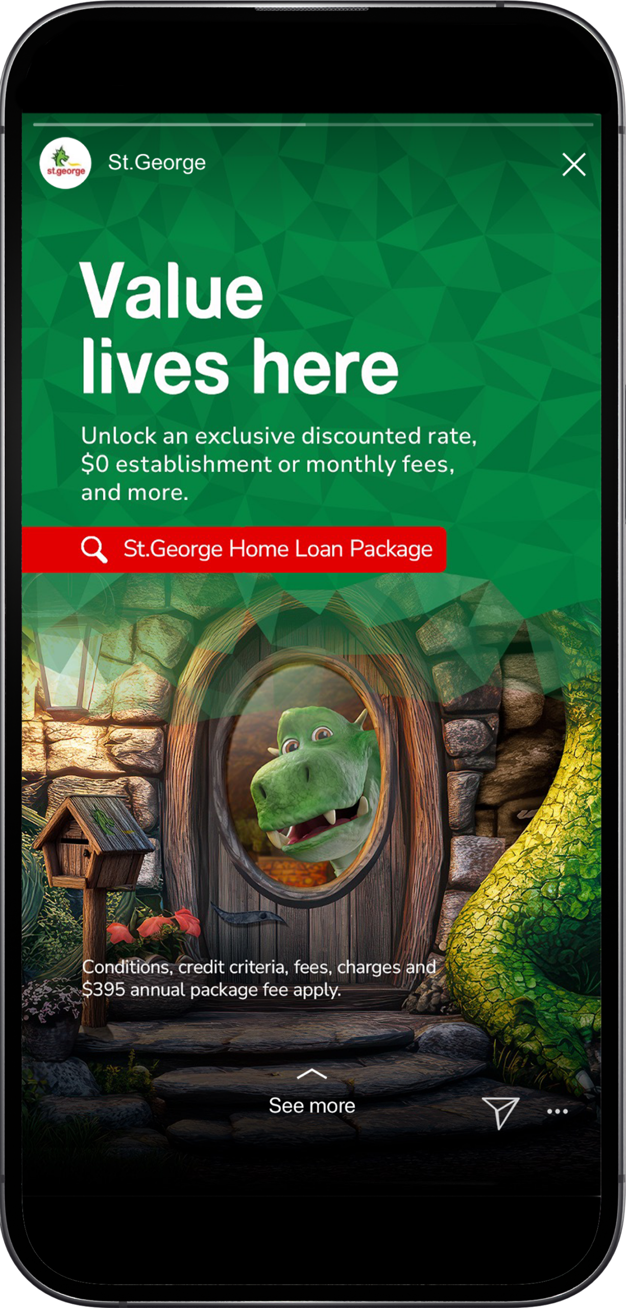 St.George 'Value lives here' social media post with friendly dragon